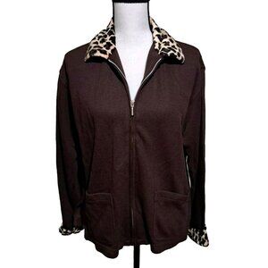Moving Bleu Zip Front Jacket Brown Animal Print Trim Two Pocket Womens SZ Medium